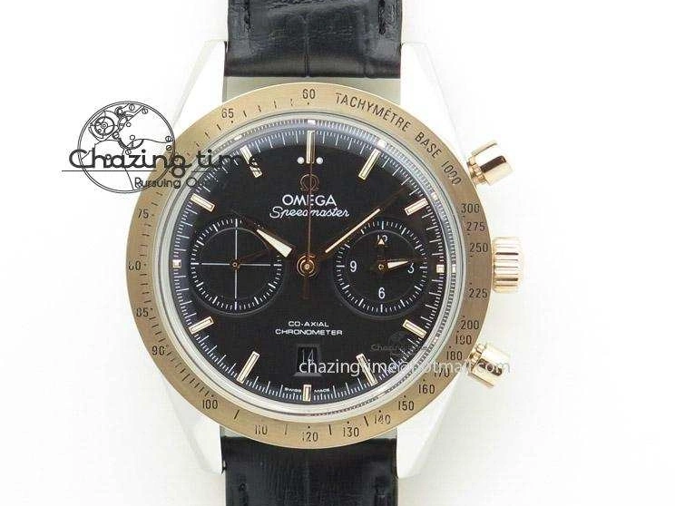 0509 Trendsetting Speedmaster ’57 SS Chrono AXF Best Edition RG Bezel Black Dial on Black Leather Strap A 8283